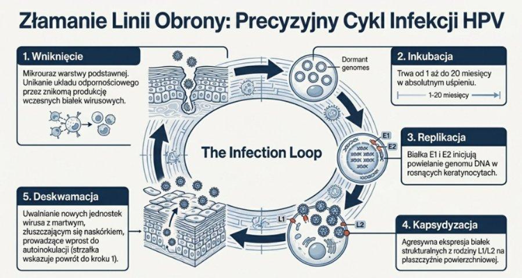 Ryc. 3. Cykl infekcji HPV — od wnikniecia przez inkubację do deskwamacji i autoinokulacji